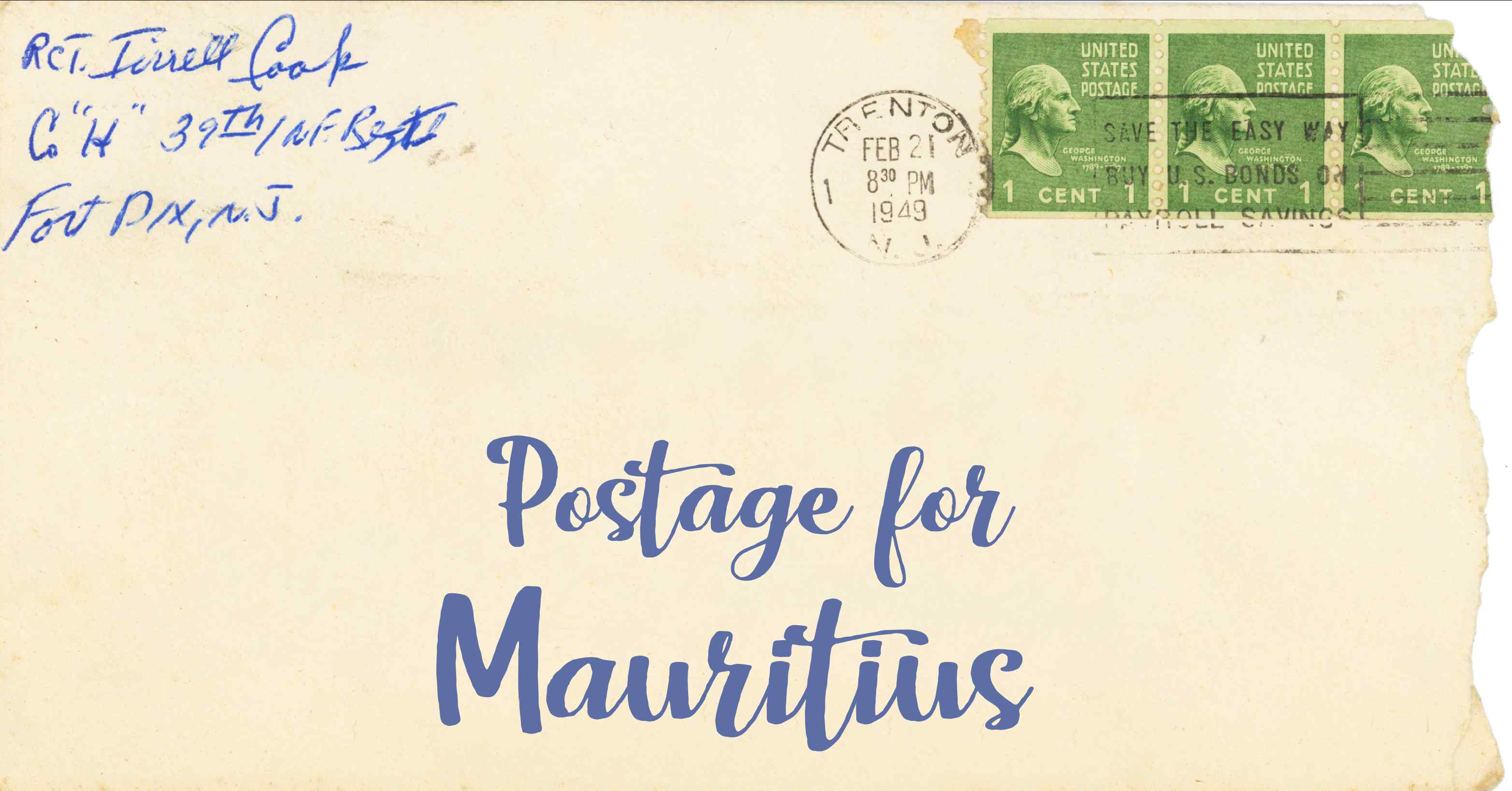 Photo of an old envelope reading 'Postage for Mauritius'