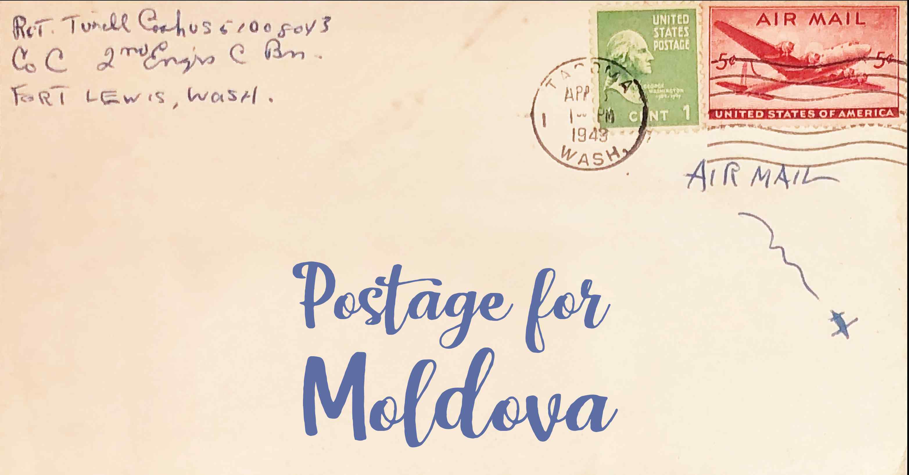 Photo of an old envelope reading 'Postage for Moldova'