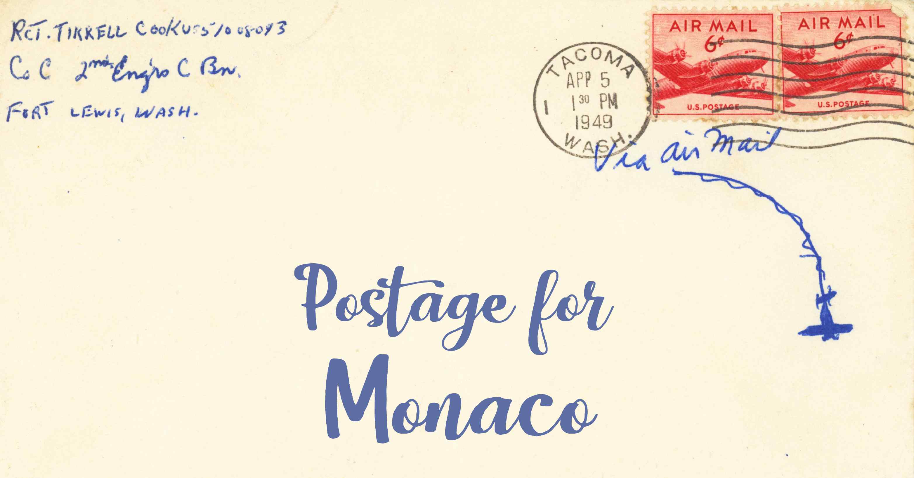 Photo of an old envelope reading 'Postage for Monaco'
