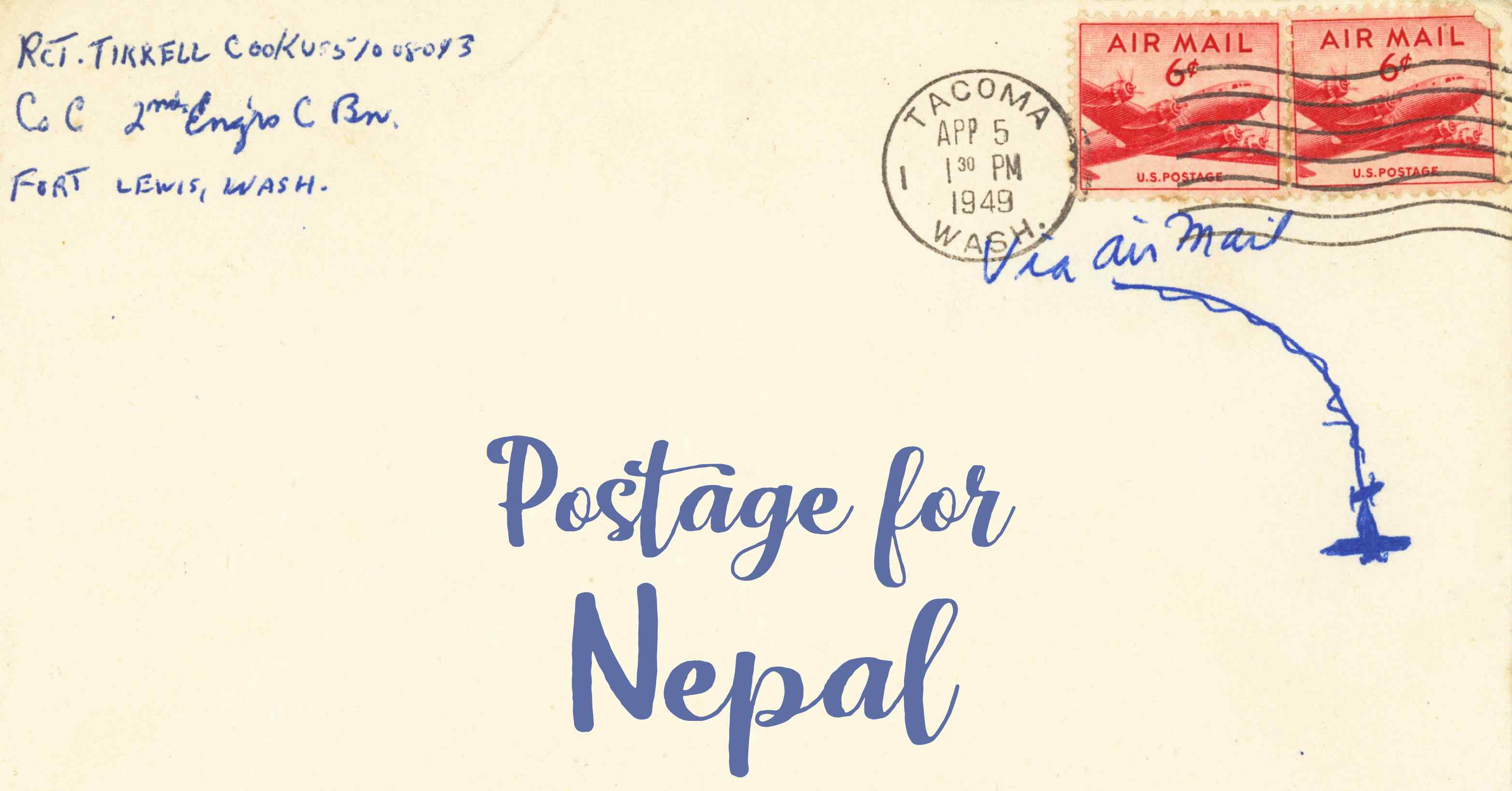 Photo of an old envelope reading 'Postage for Nepal'
