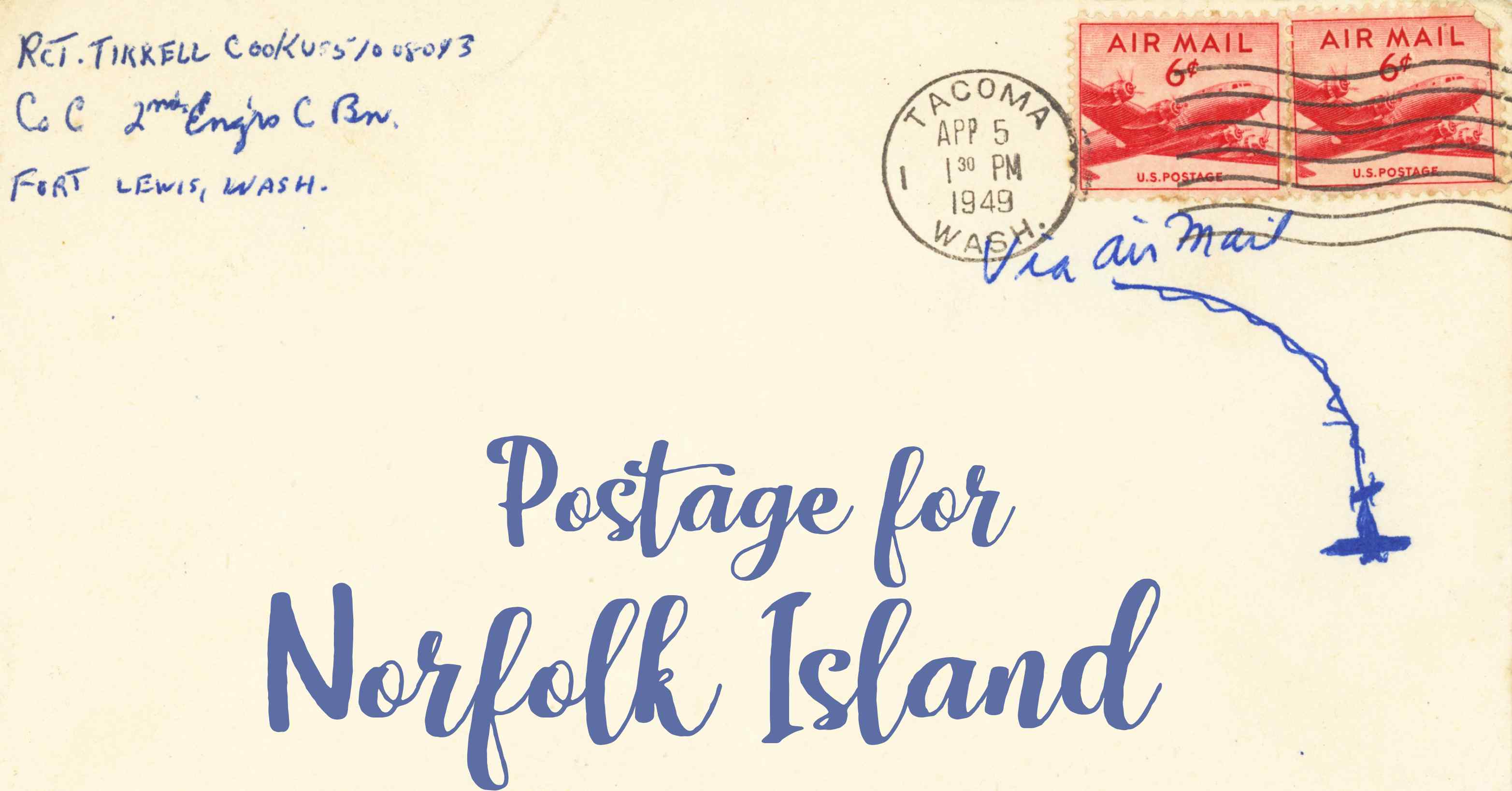 Photo of an old envelope reading 'Postage for Norfolk Island'