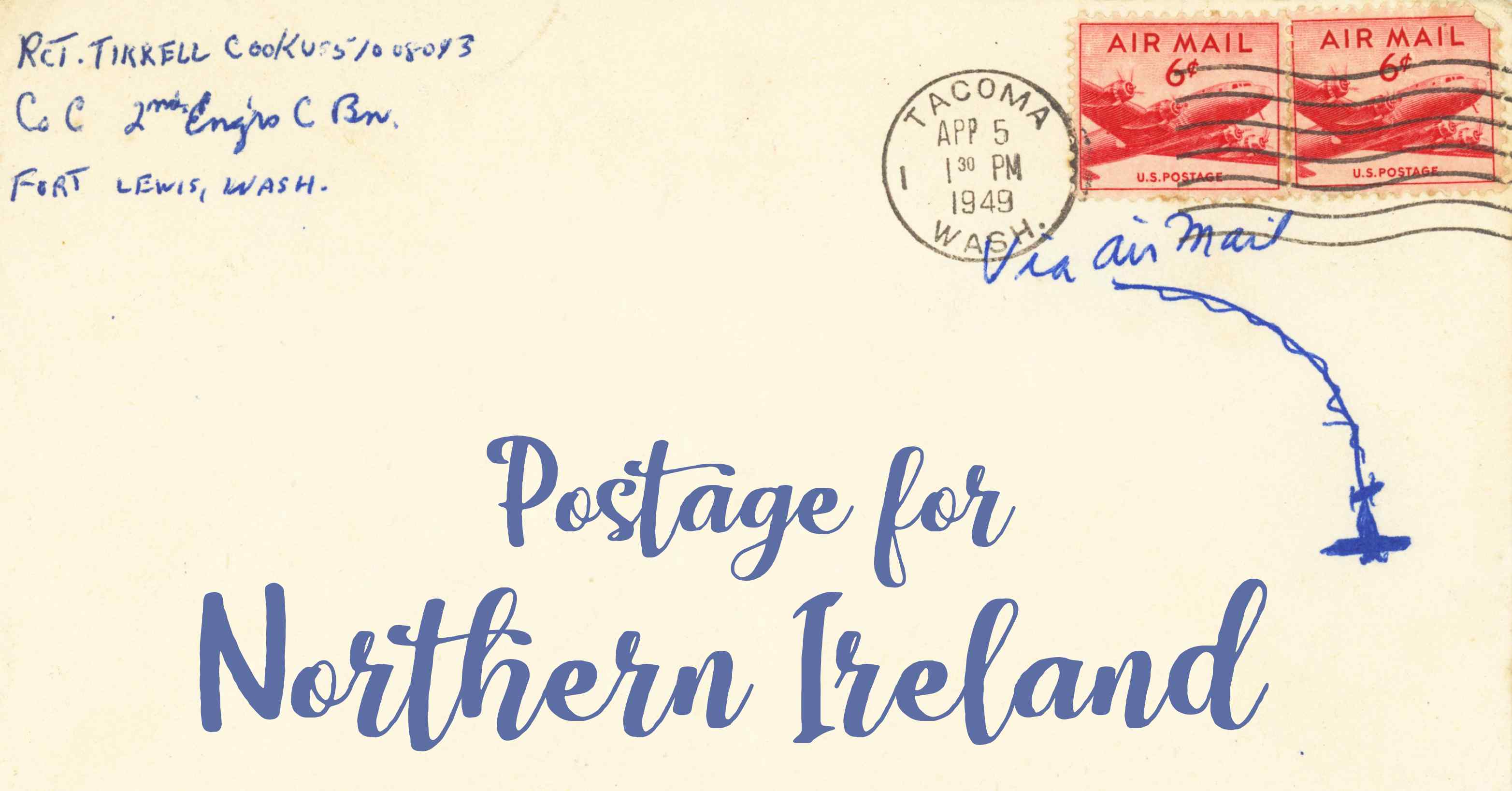 Photo of an old envelope reading 'Postage for Northern Ireland'