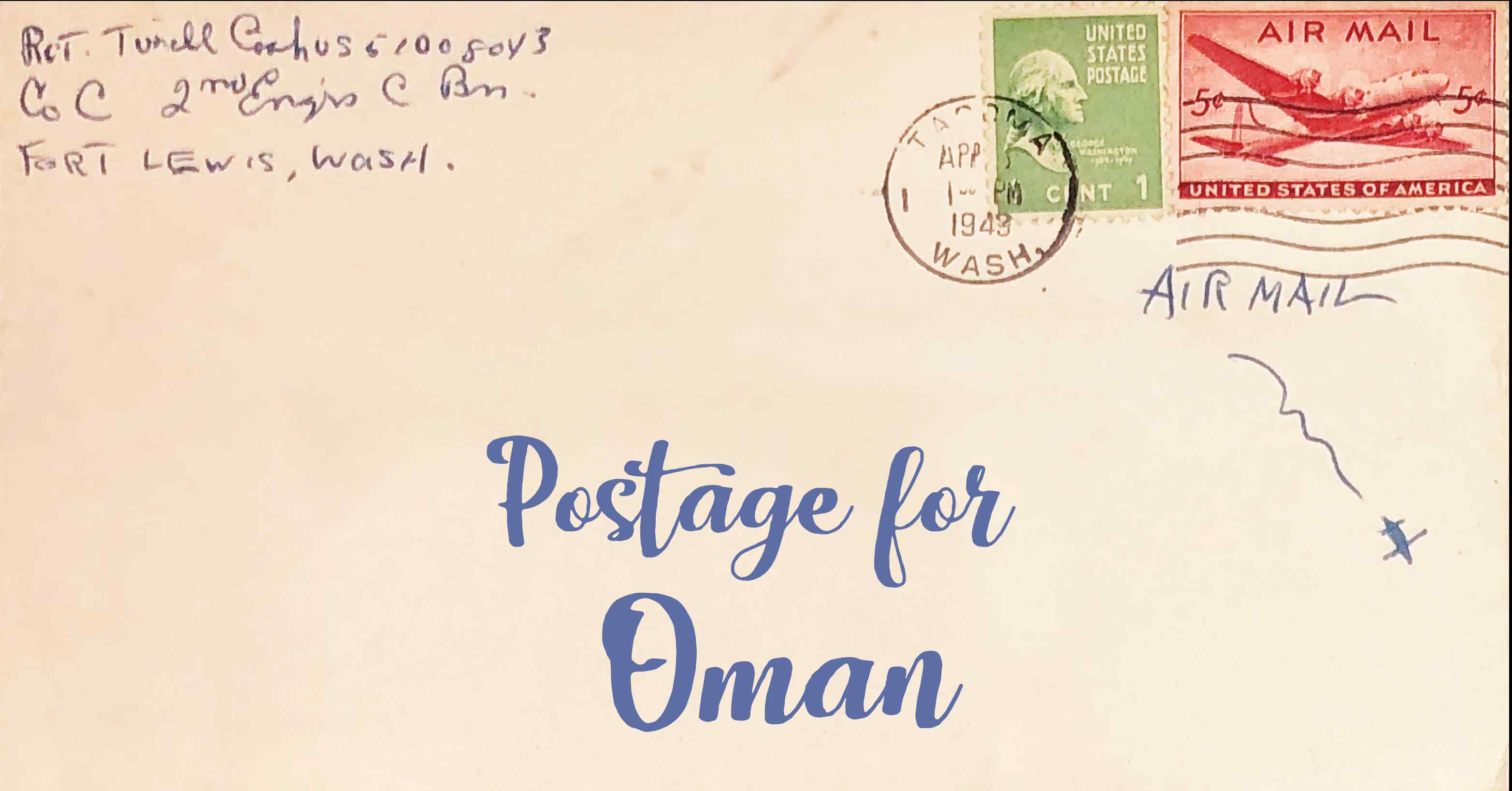 Photo of an old envelope reading 'Postage for Oman'
