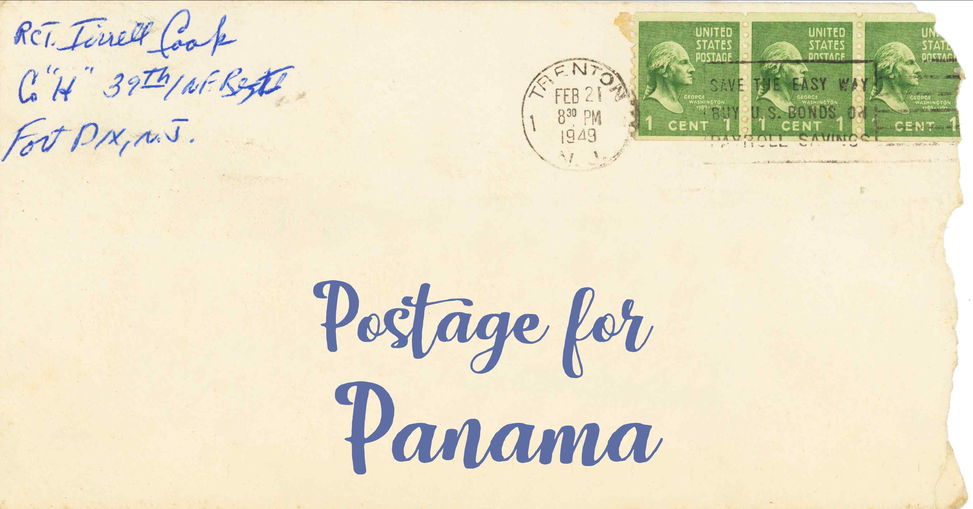 Photo of an old envelope reading 'Postage for Panama'