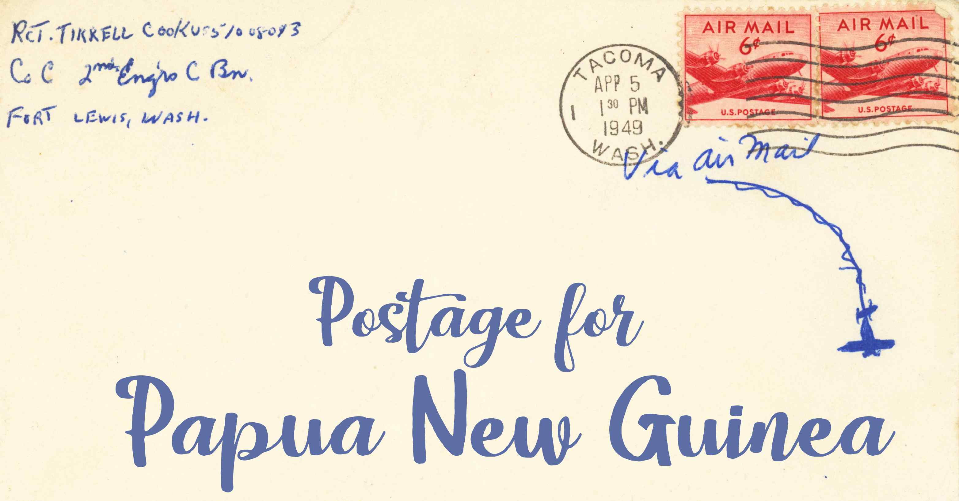 Photo of an old envelope reading 'Postage for Papua New Guinea'