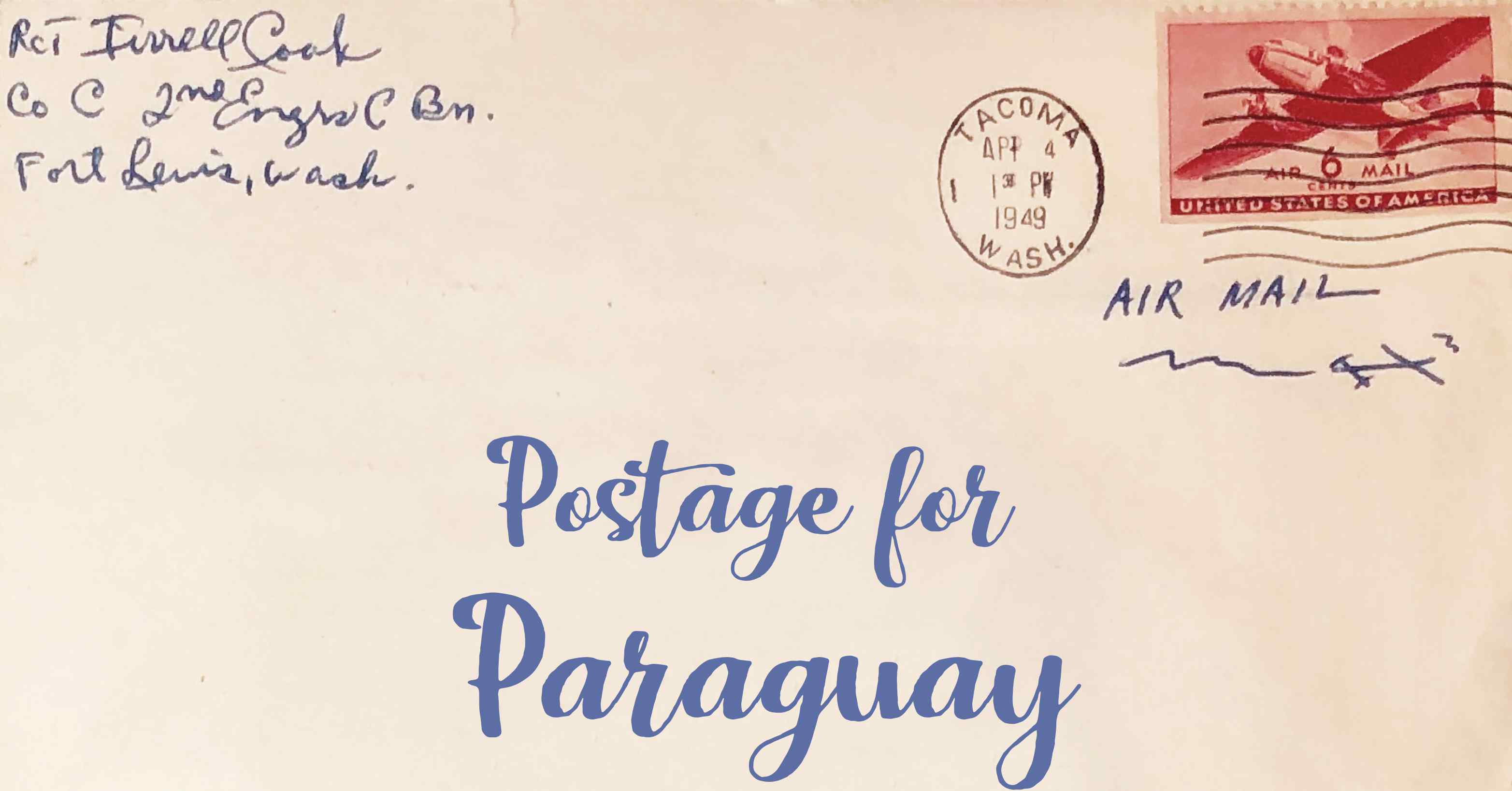 Photo of an old envelope reading 'Postage for Paraguay'
