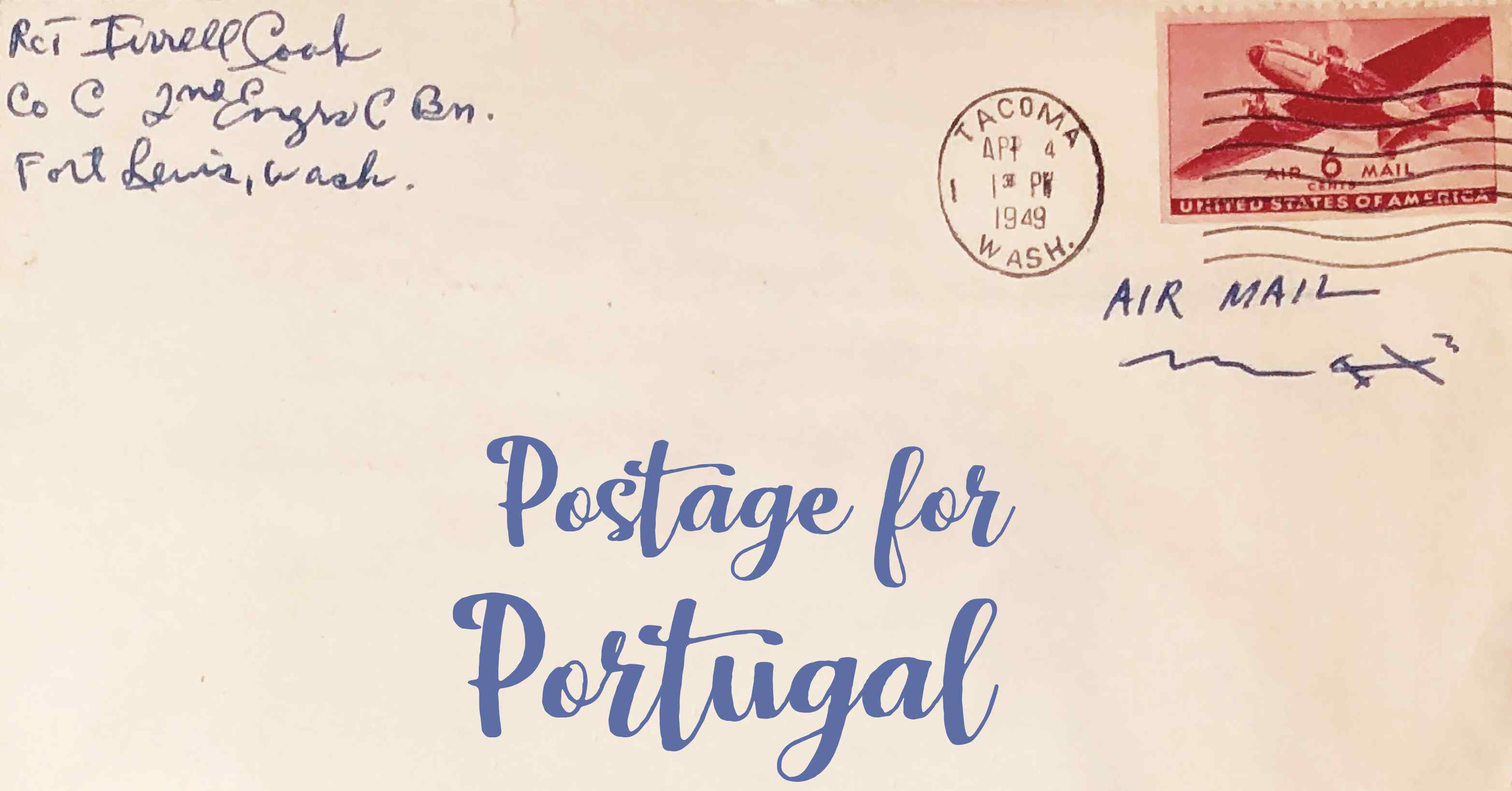 Photo of an old envelope reading 'Postage for Portugal'