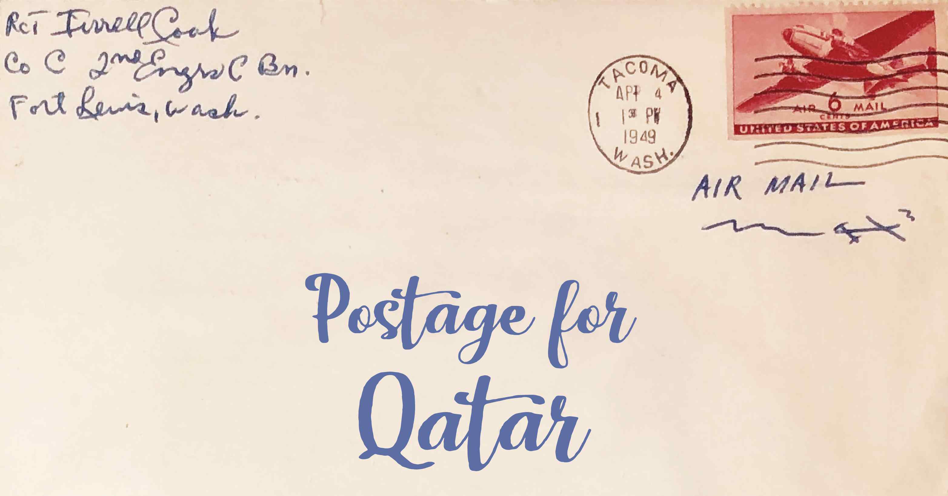Photo of an old envelope reading 'Postage for Qatar'