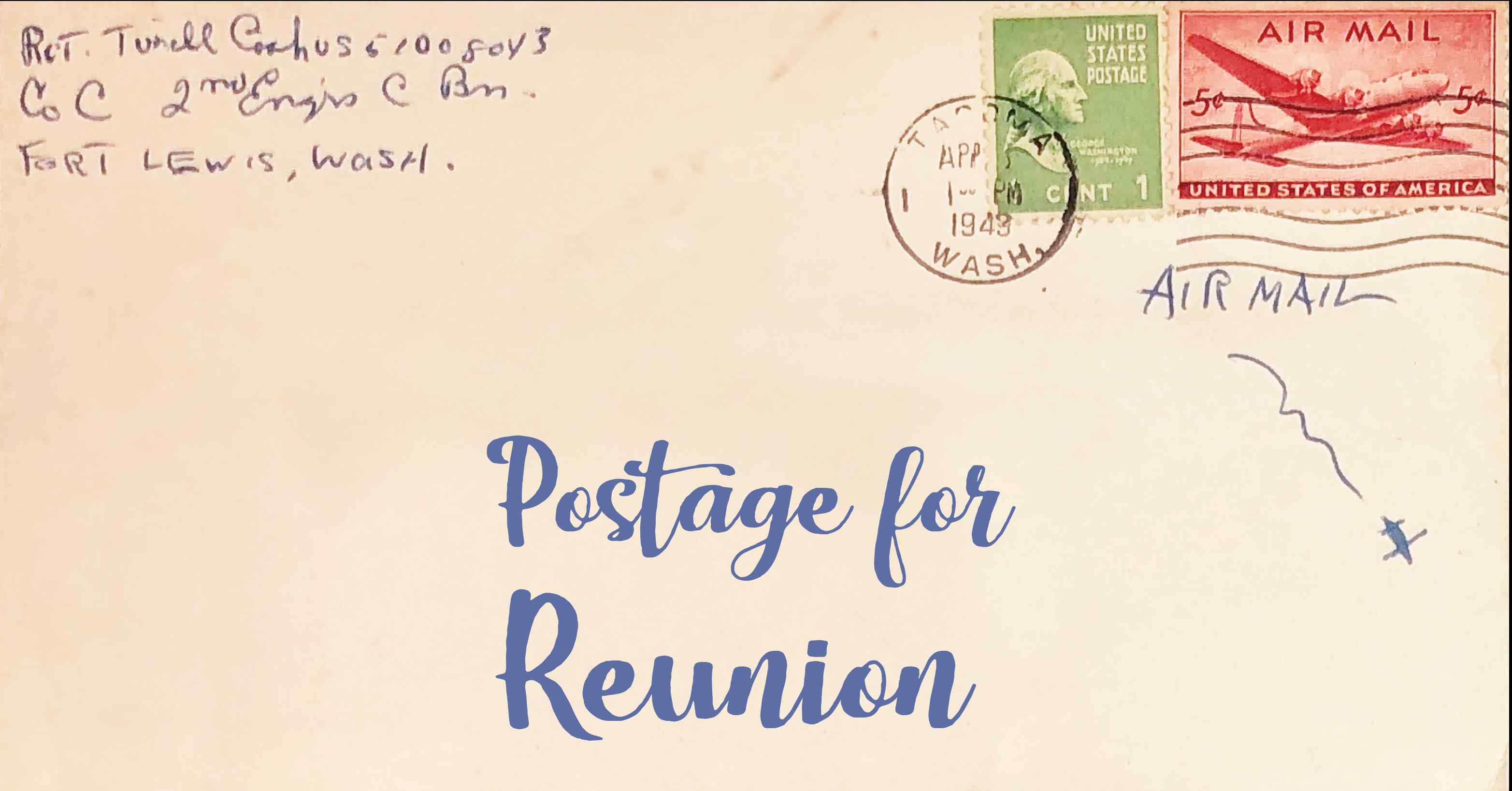 Photo of an old envelope reading 'Postage for Reunion'