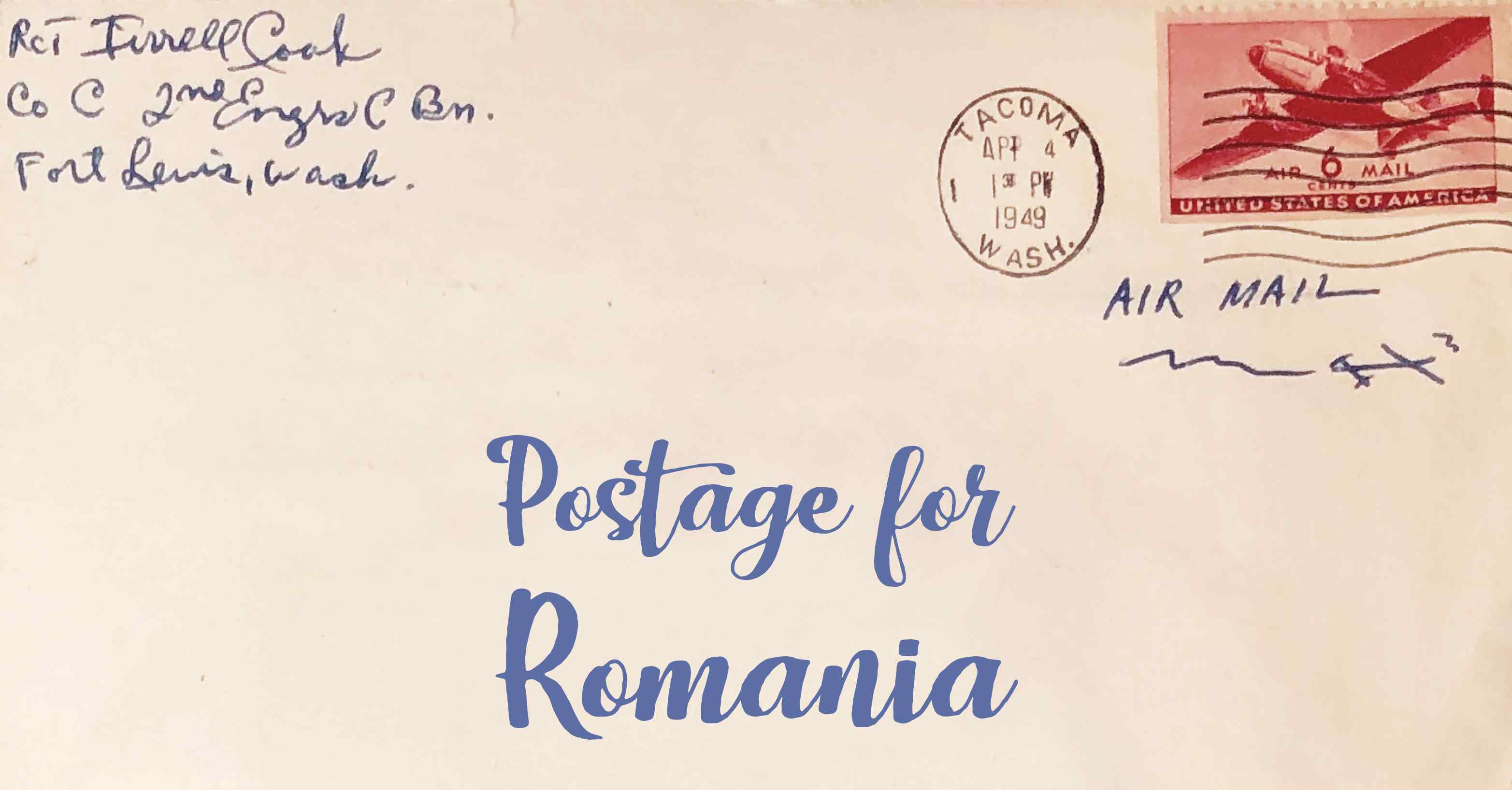 Photo of an old envelope reading 'Postage for Romania'
