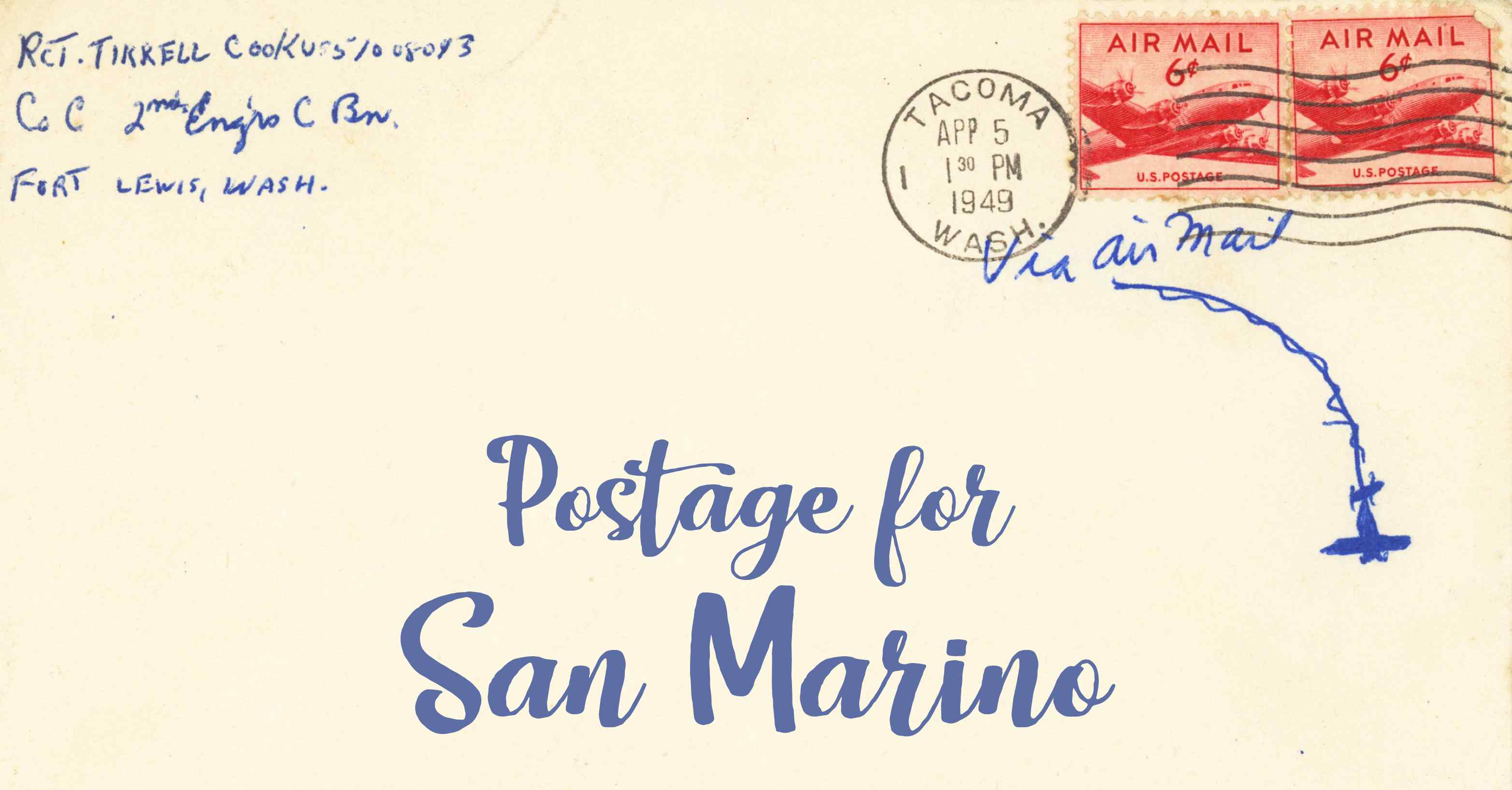 Photo of an old envelope reading 'Postage for San Marino'