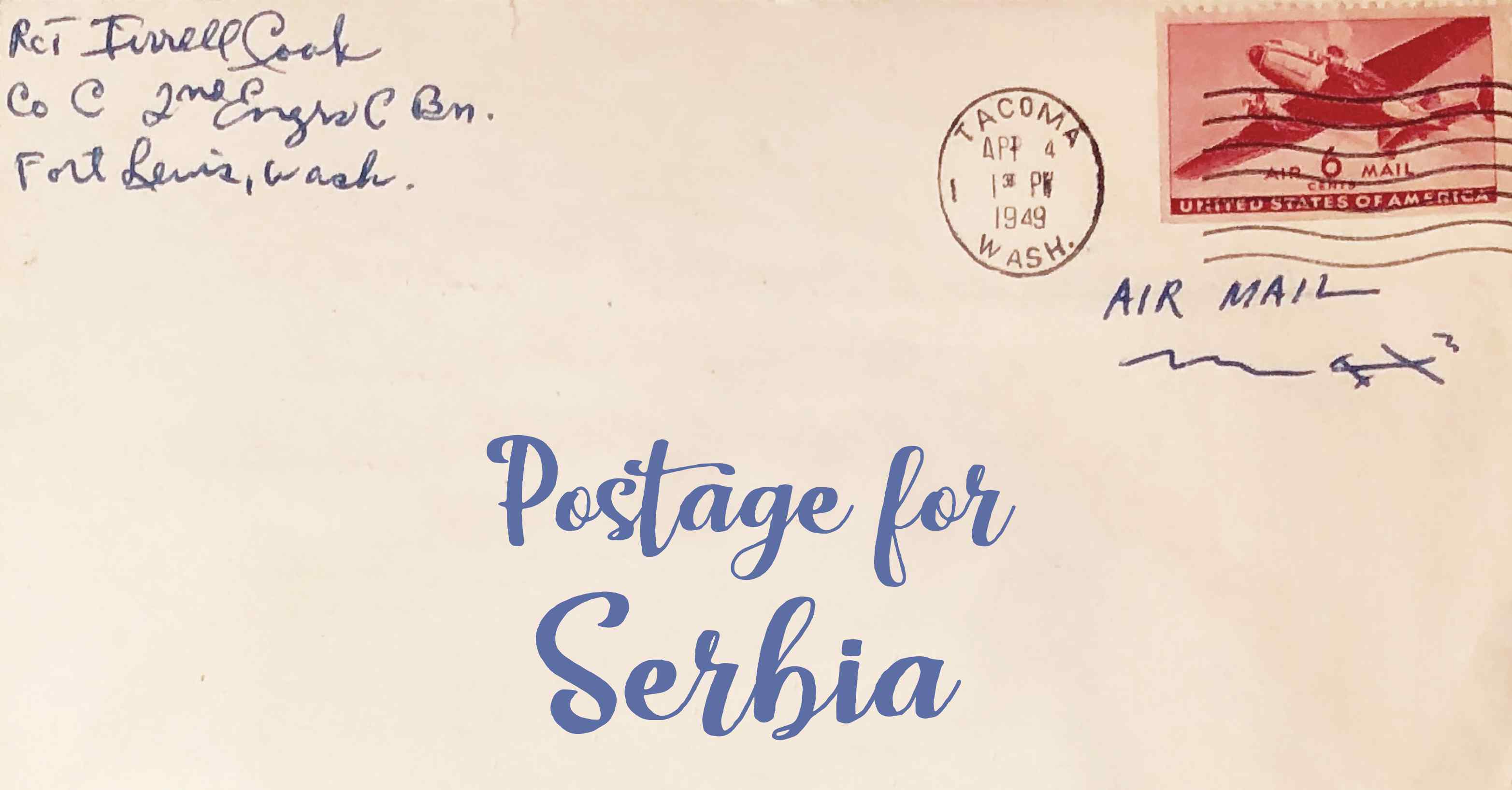 Photo of an old envelope reading 'Postage for Serbia'