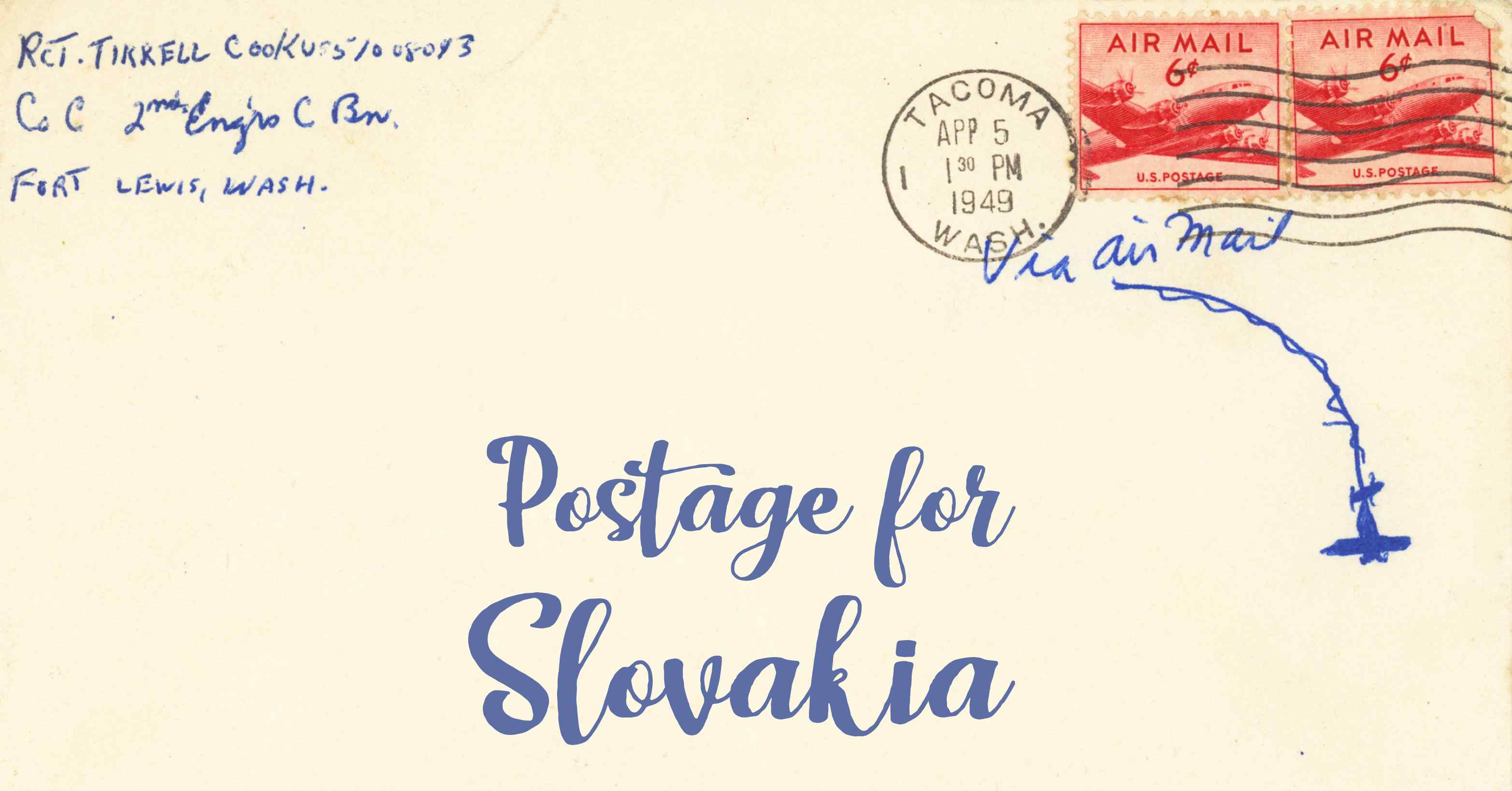 Photo of an old envelope reading 'Postage for Slovakia'