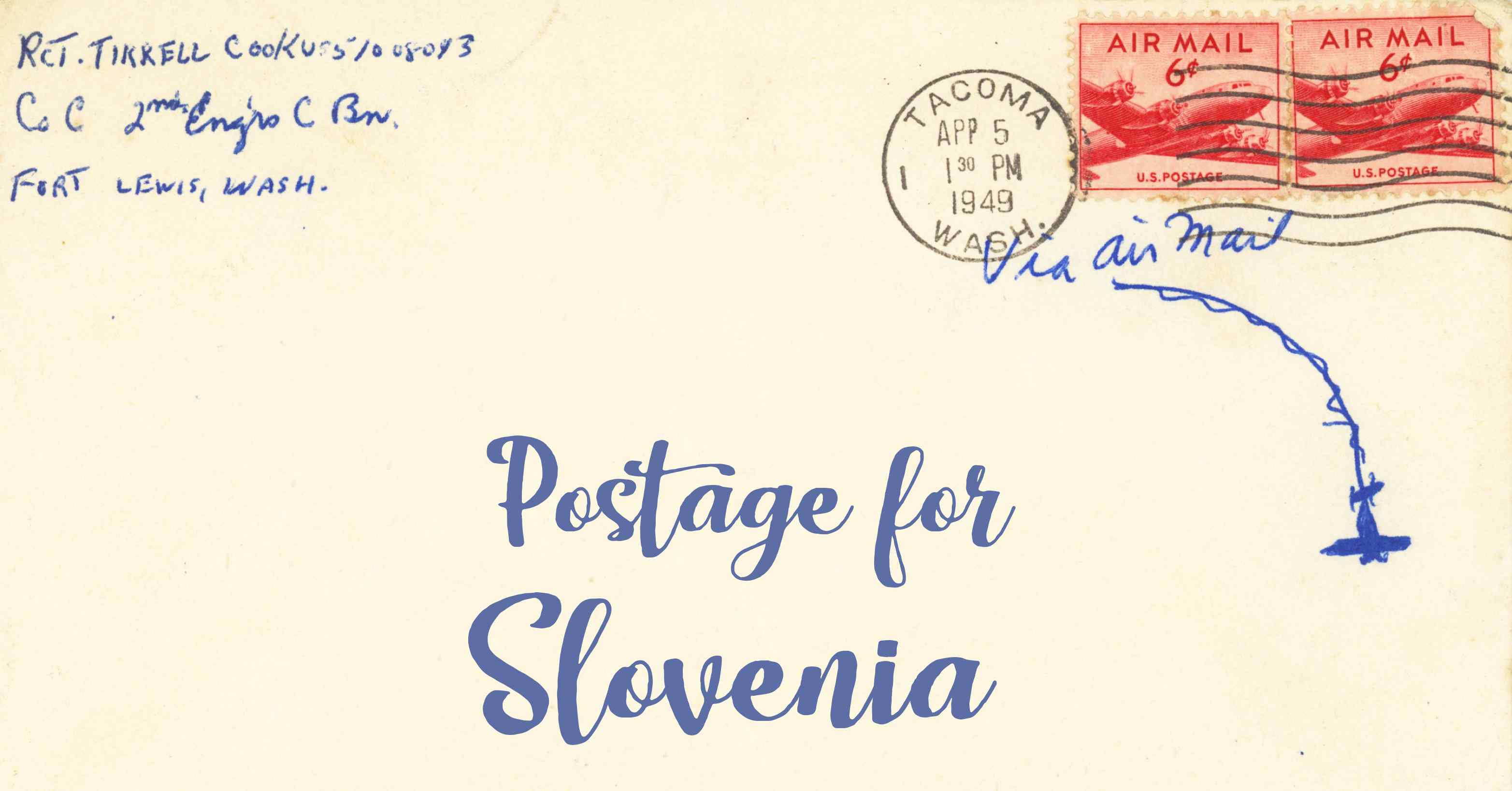 Photo of an old envelope reading 'Postage for Slovenia'