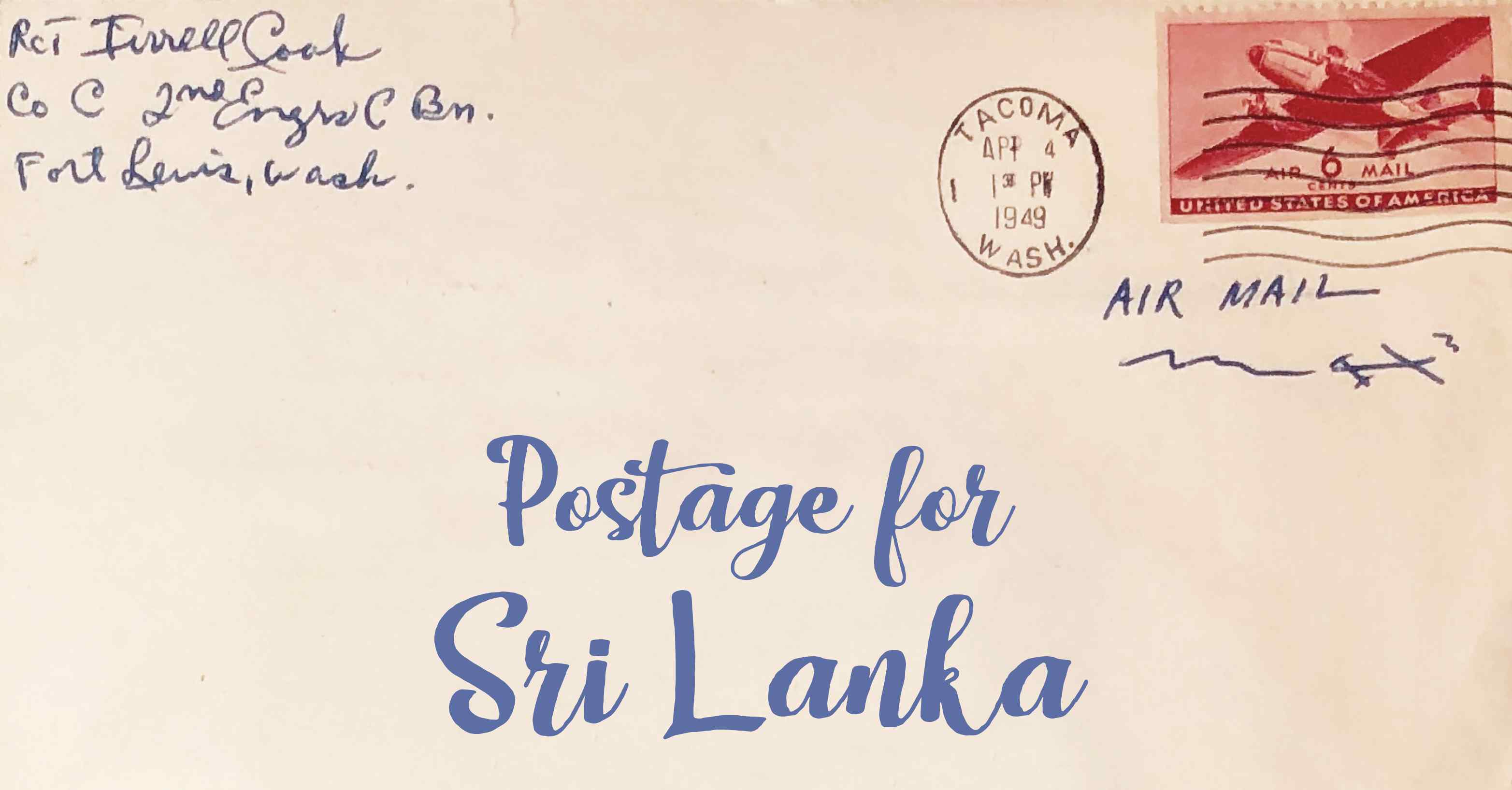 Photo of an old envelope reading 'Postage for Sri Lanka'
