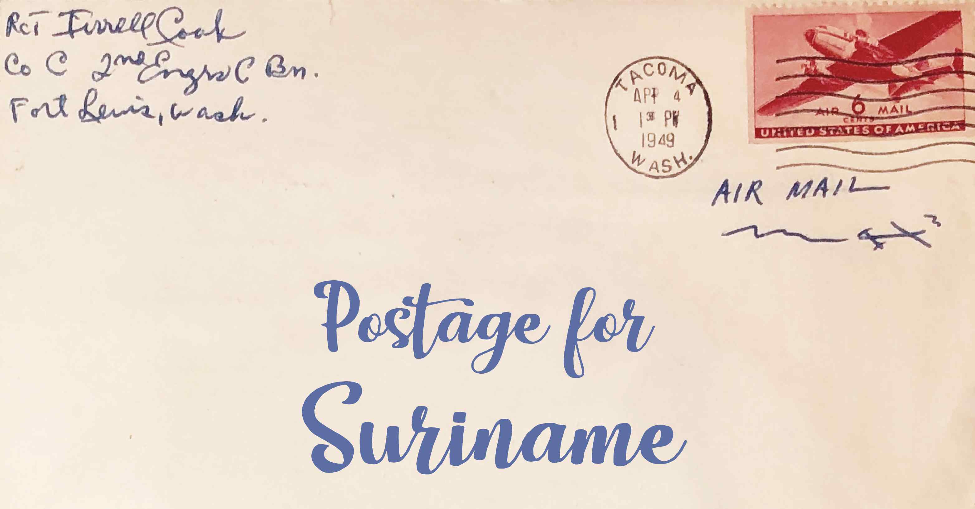 Photo of an old envelope reading 'Postage for Suriname'