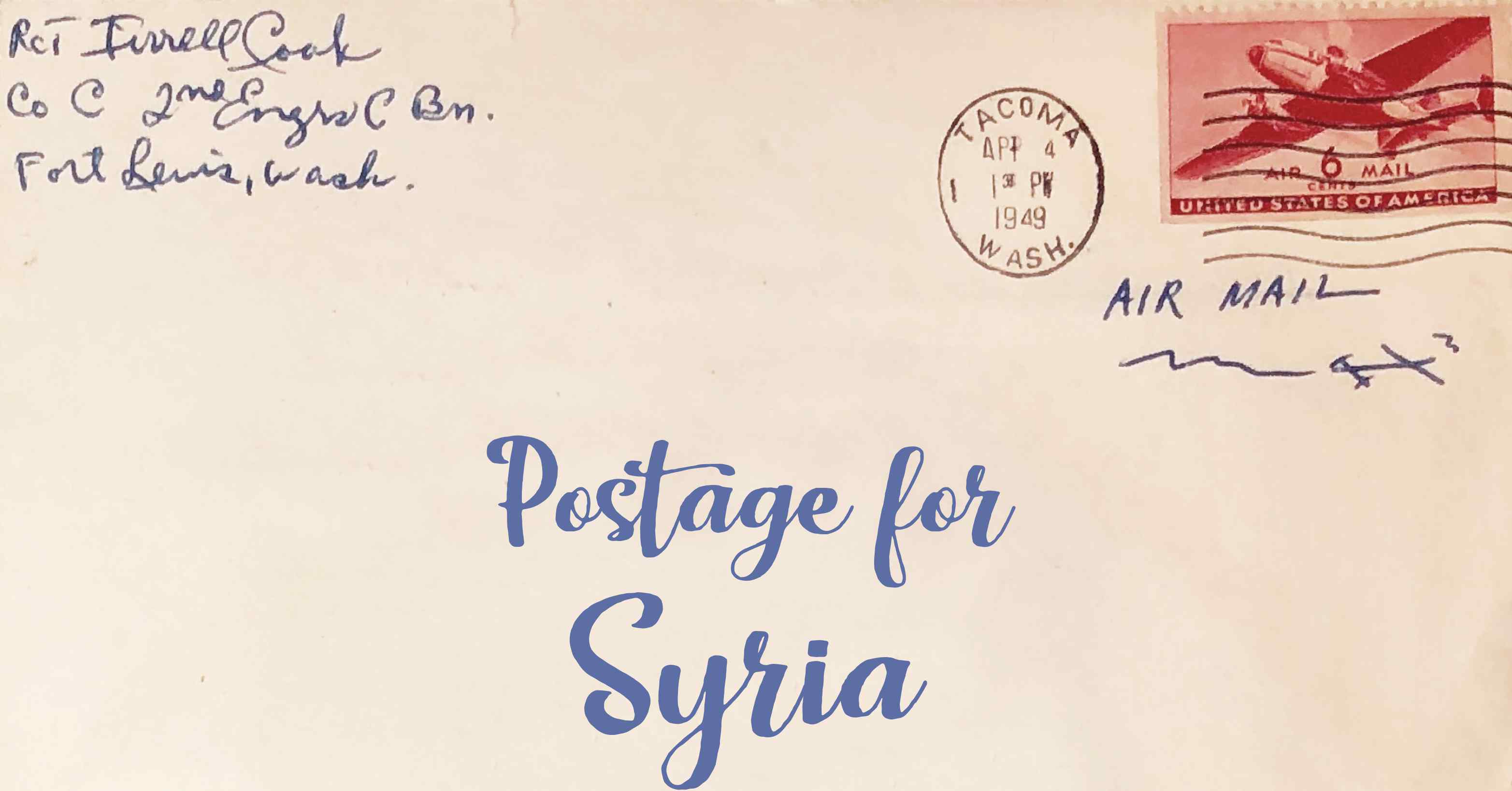 Photo of an old envelope reading 'Postage for Syria'