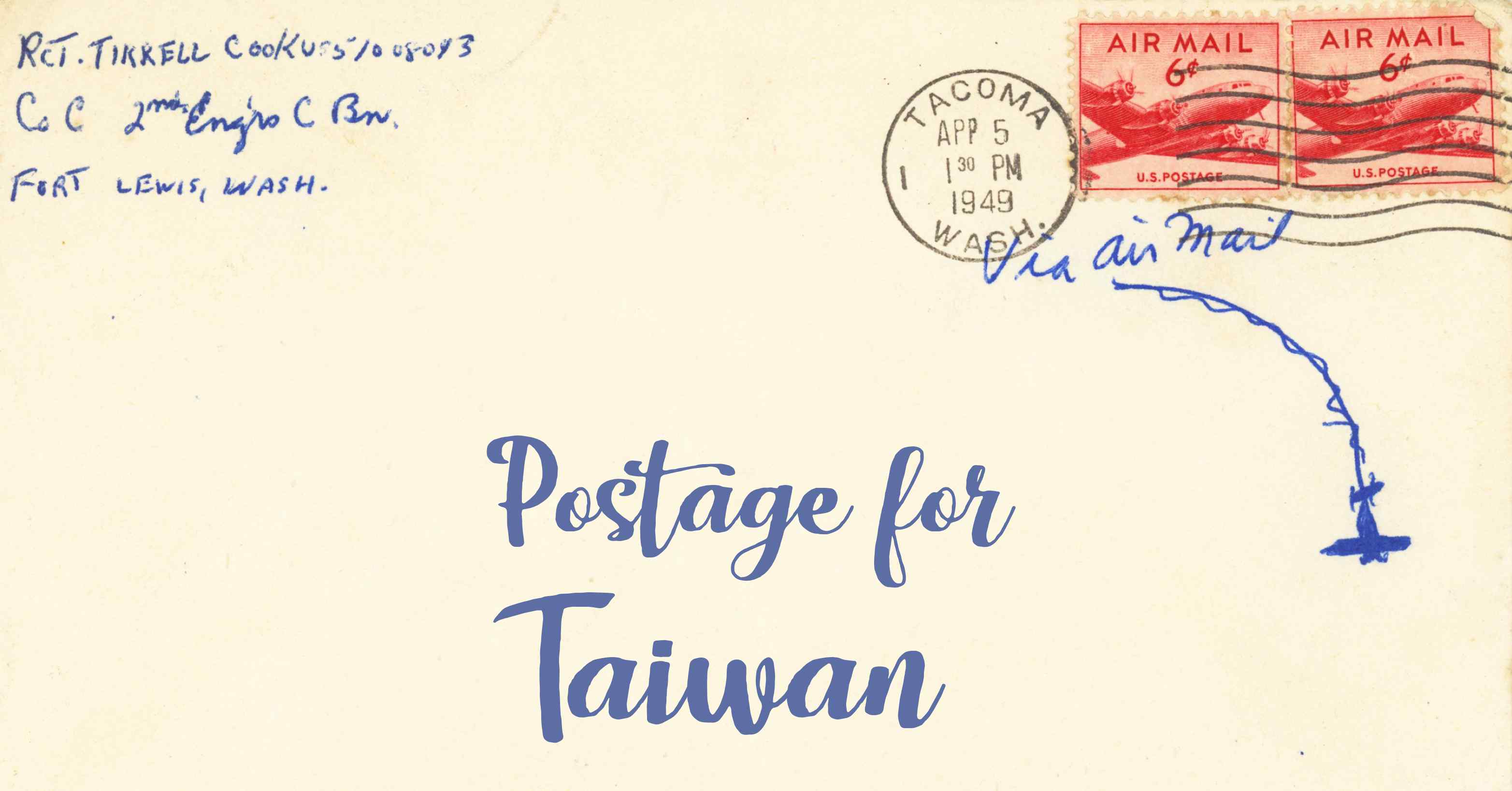 Photo of an old envelope reading 'Postage for Taiwan'