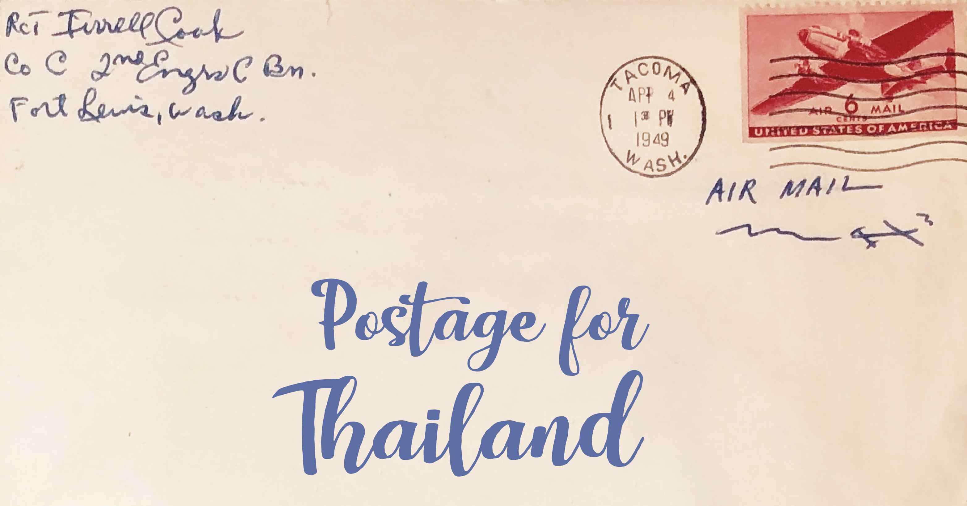 Photo of an old envelope reading 'Postage for Thailand'
