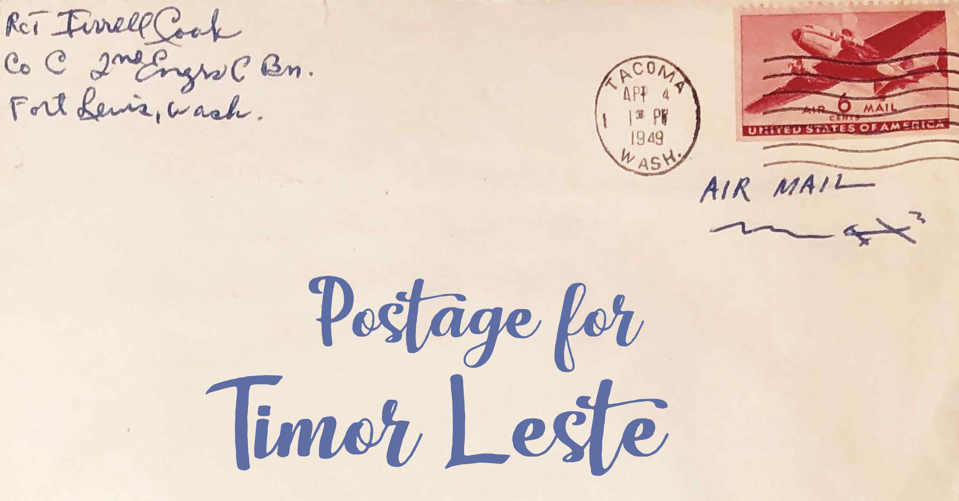 Photo of an old envelope reading 'Postage for Timor-Leste'