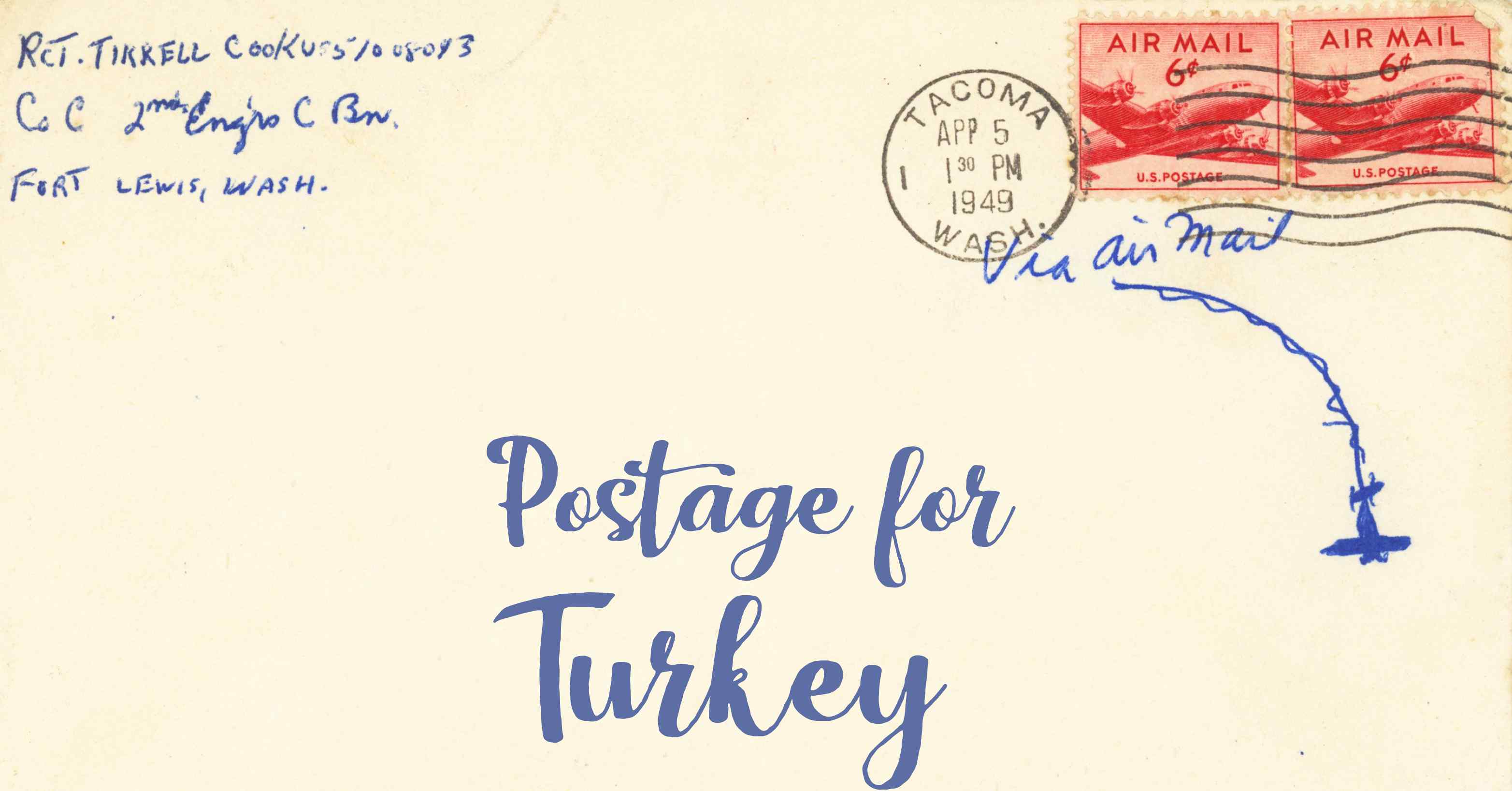 Photo of an old envelope reading 'Postage for Turkey'