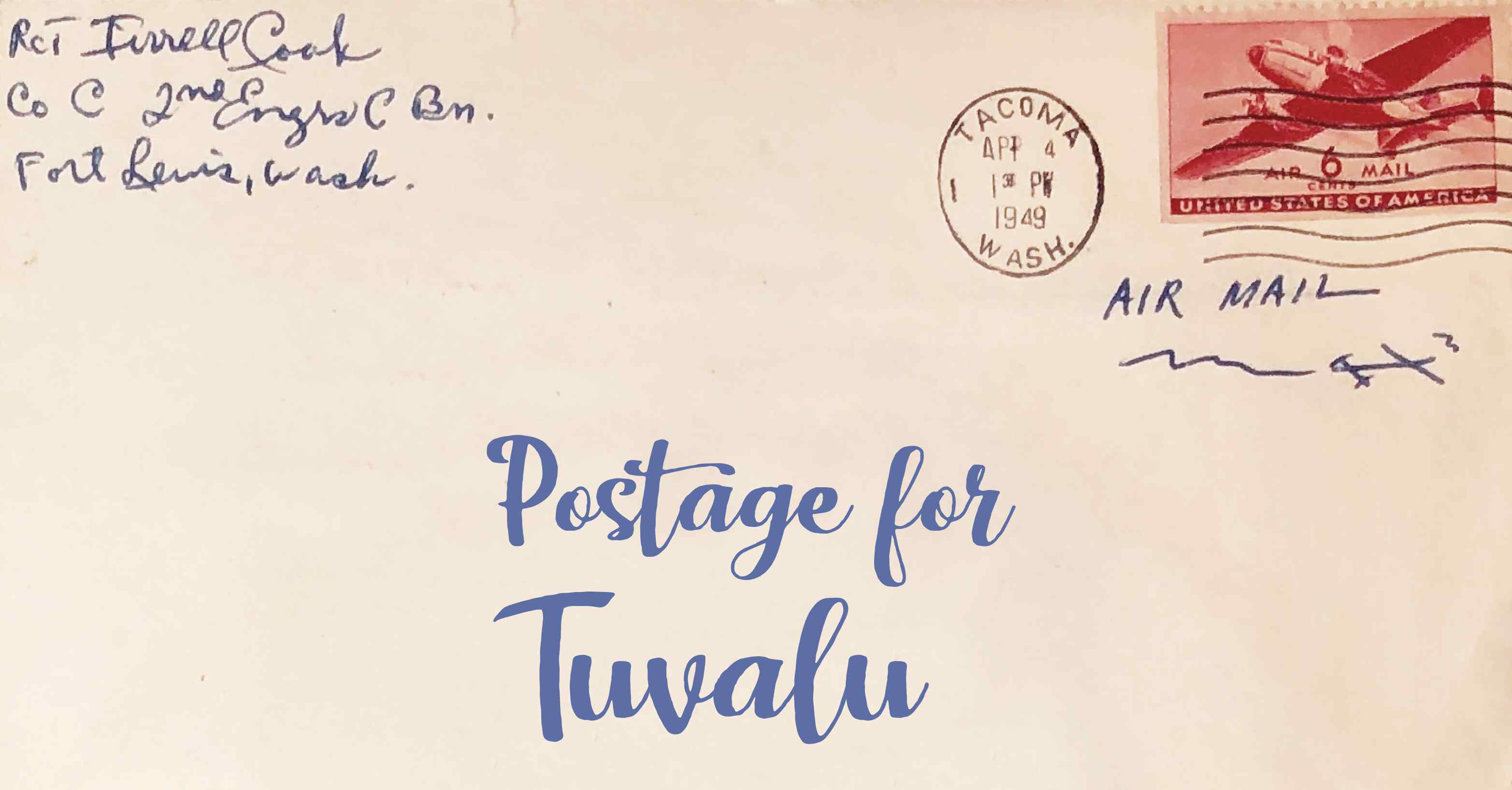 Photo of an old envelope reading 'Postage for Tuvalu'