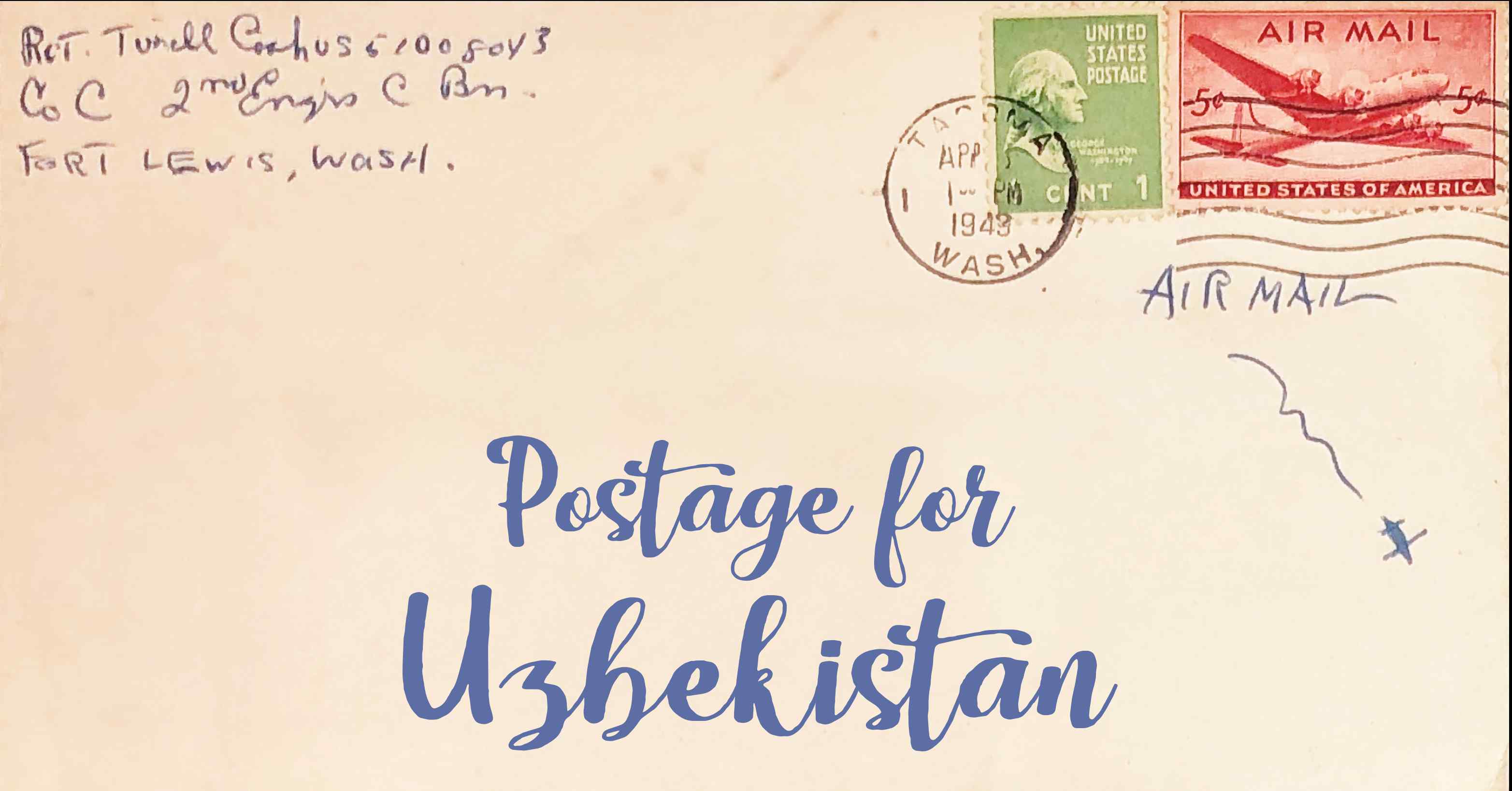 Photo of an old envelope reading 'Postage for Uzbekistan'
