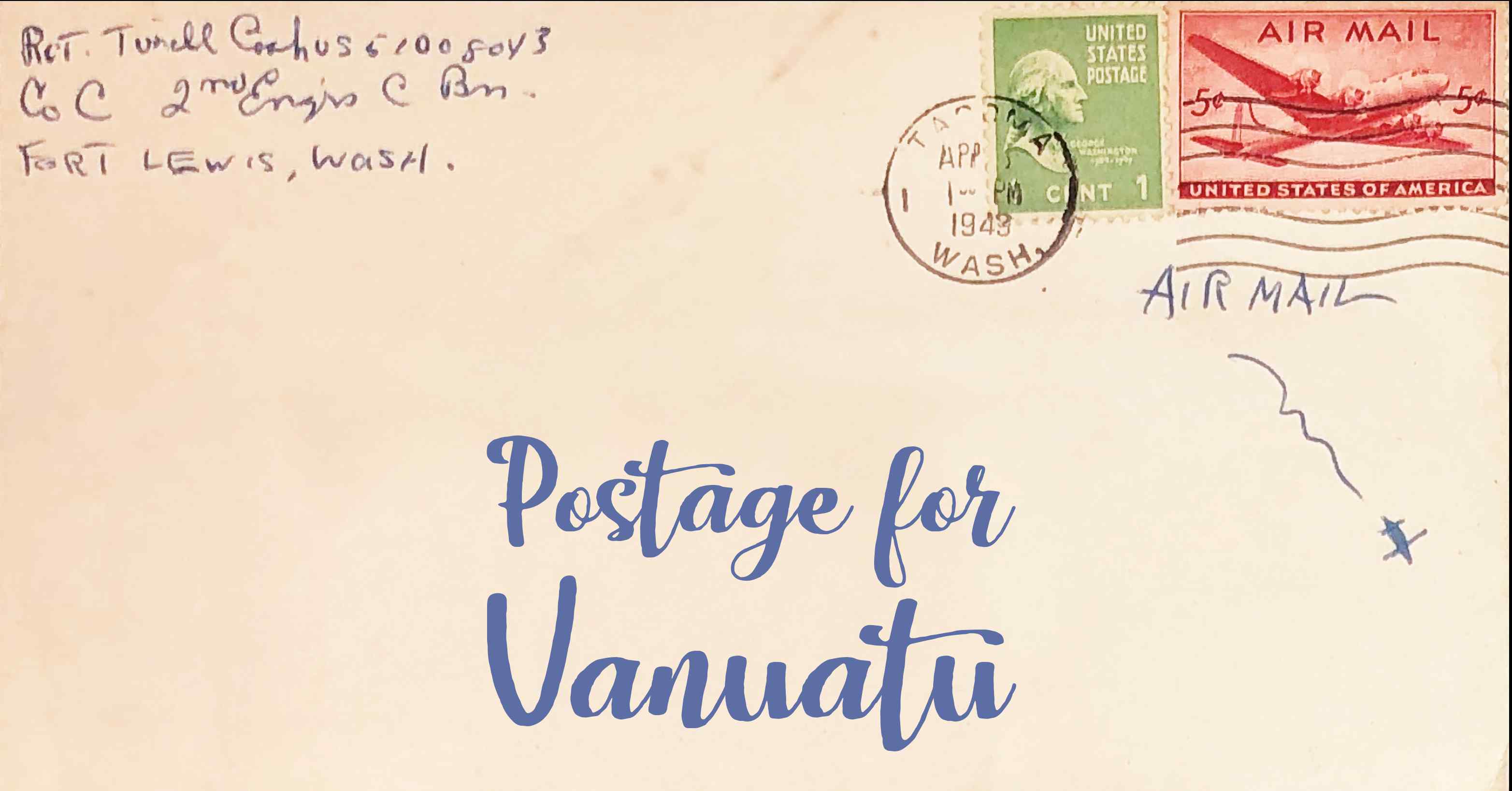 Photo of an old envelope reading 'Postage for Vanuatu'