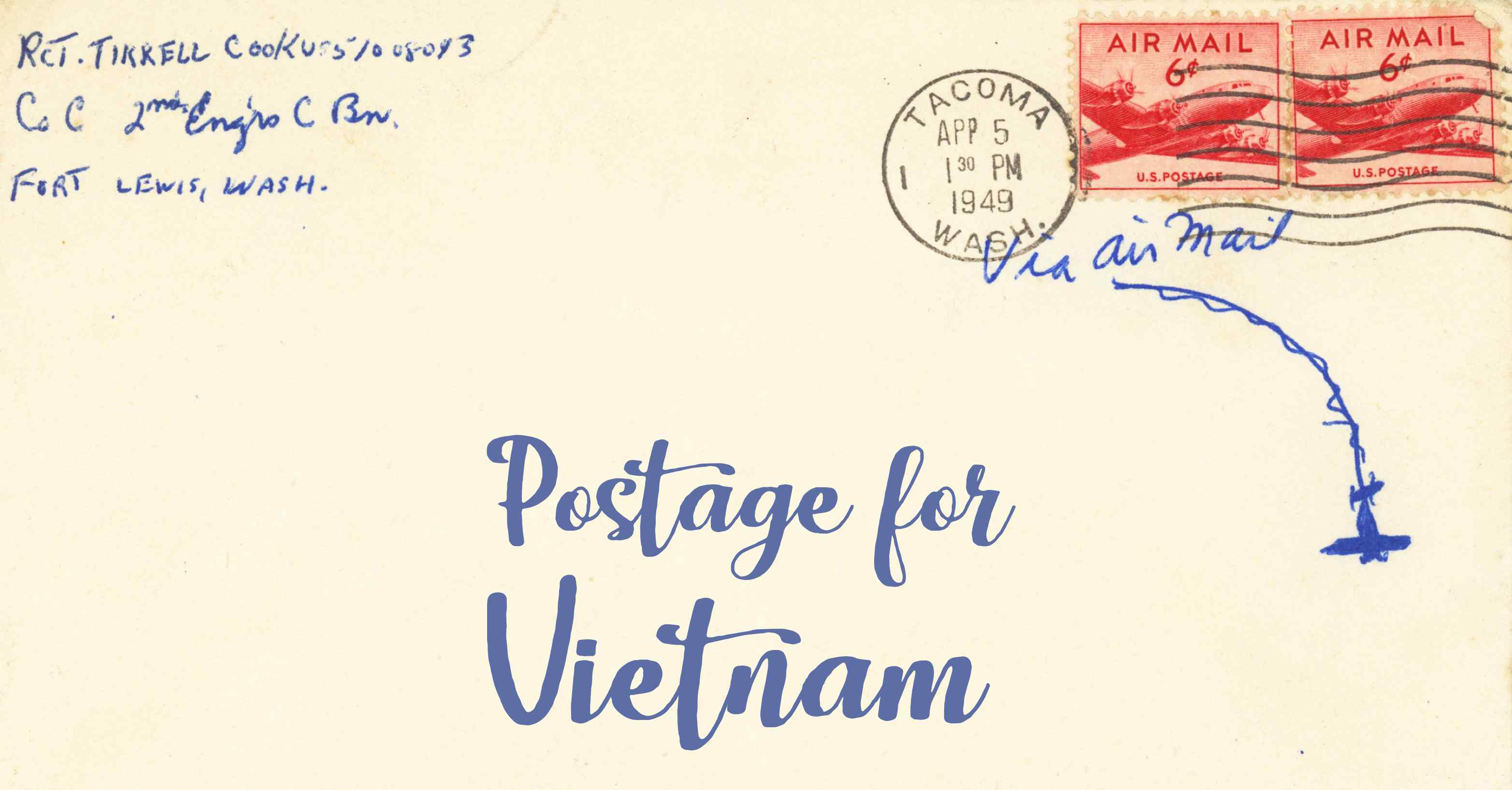 Photo of an old envelope reading 'Postage for Vietnam'