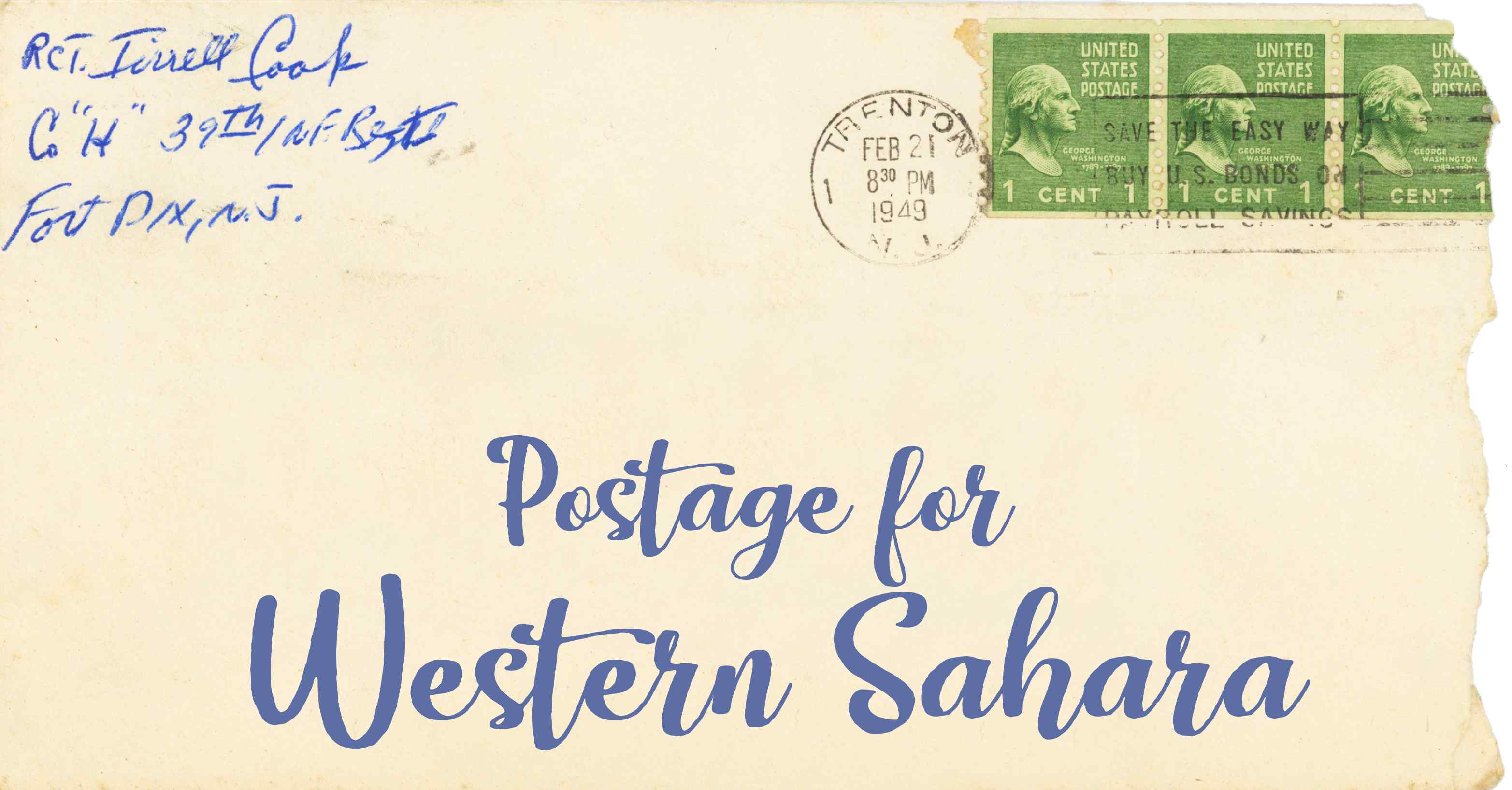 Photo of an old envelope reading 'Postage for Western Sahara'