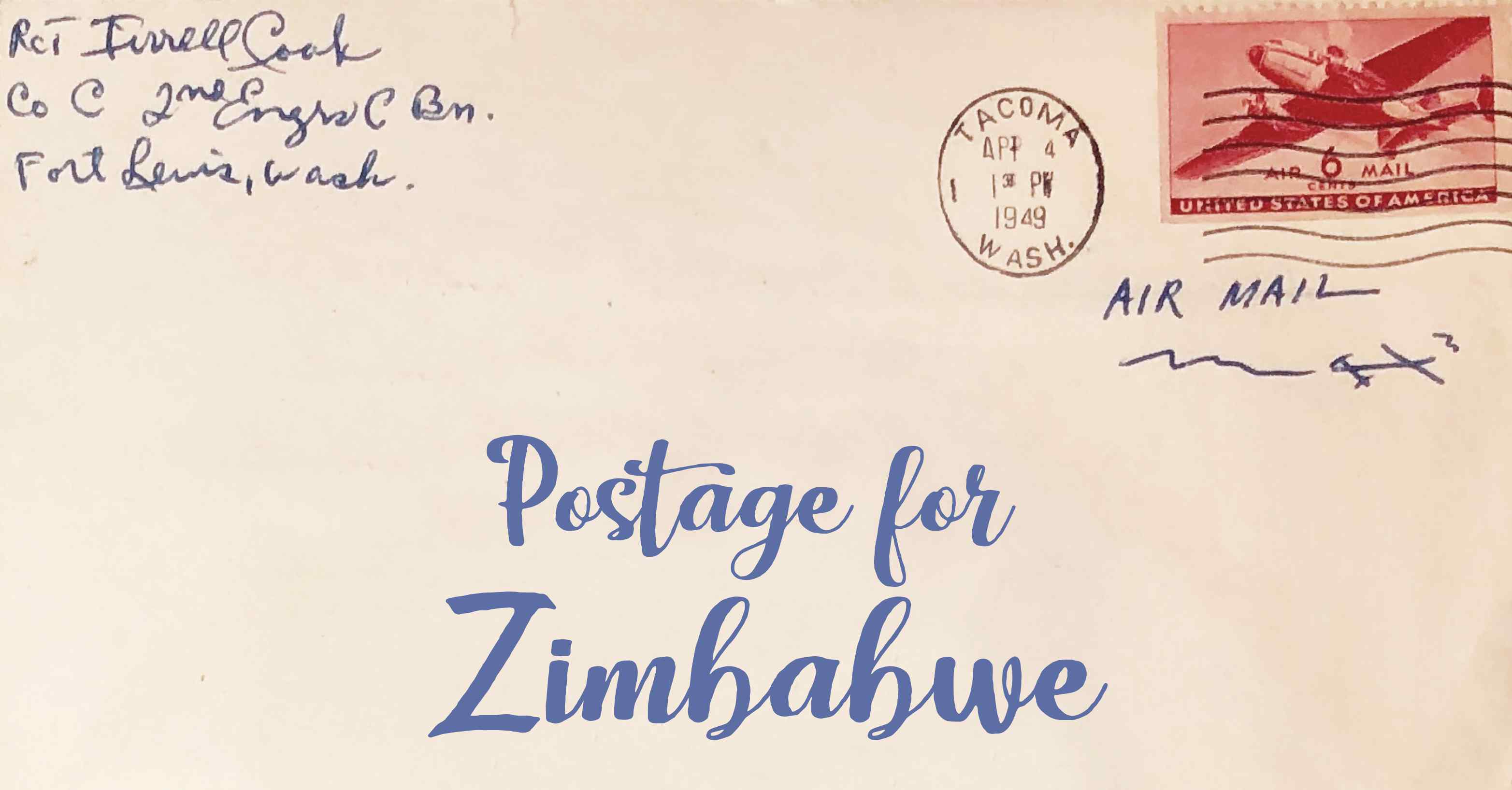 Photo of an old envelope reading 'Postage for Zimbabwe'