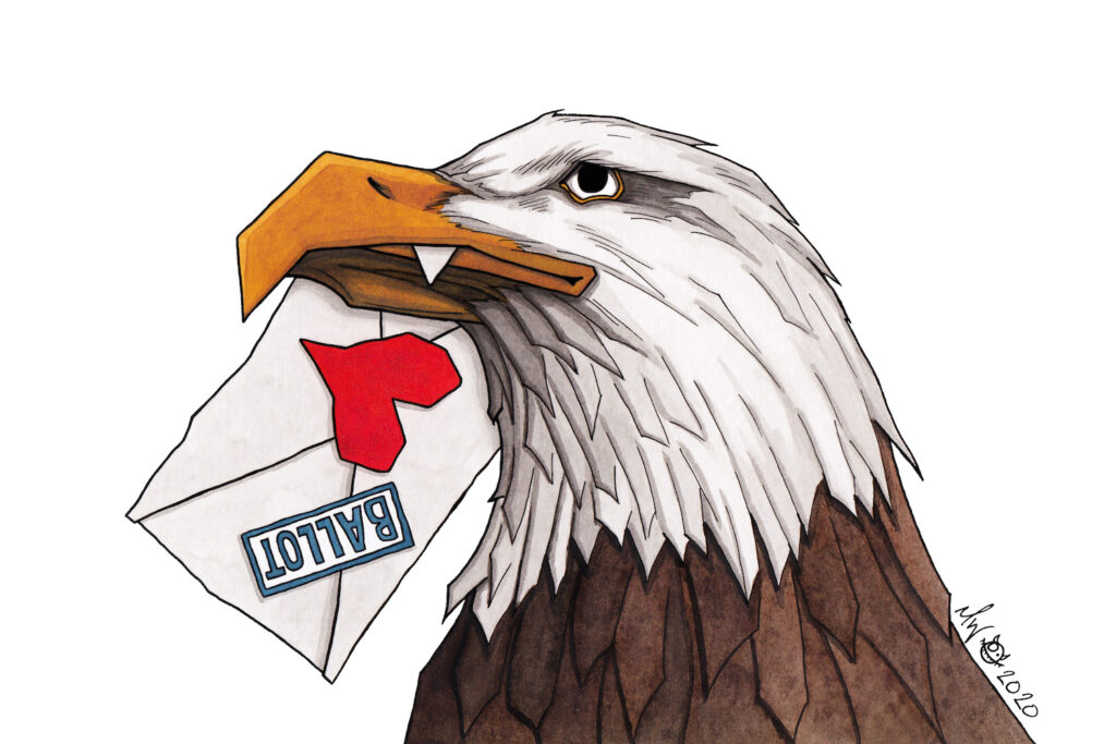 November 2020, the last presidential election. A bald eagle, our nation's bird mascot, holding a white envelope with a red heart stamped on the back covering the flap. Except this time the envelope is stamped BALLOT. The eagle is facing towards the left with his left eye facing you. The envelope goes through is beak with a tiny corner sticking out.