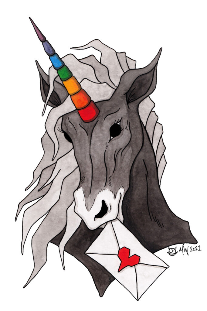 A magical unicorn with a dark grey body, white noise, long grey hair, and rainbow horn. 🌈 
