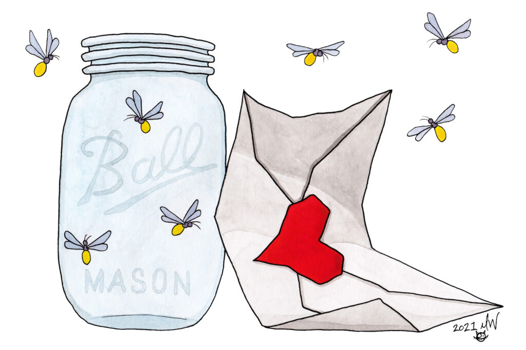 A mason jar, "BALL MASON" with several glowing fireflies flying about. Next to the mason jar is a white envelope with a red heart stamped on the back covering the flap. 
