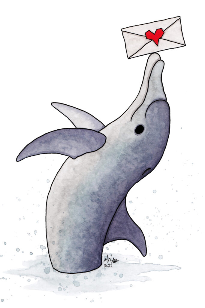 The only sea creature in the series is possibly the smartest of all: A dolphin, jumping out of the water and balancing a white envelope with a red heart stamped on the back covering the flap. 