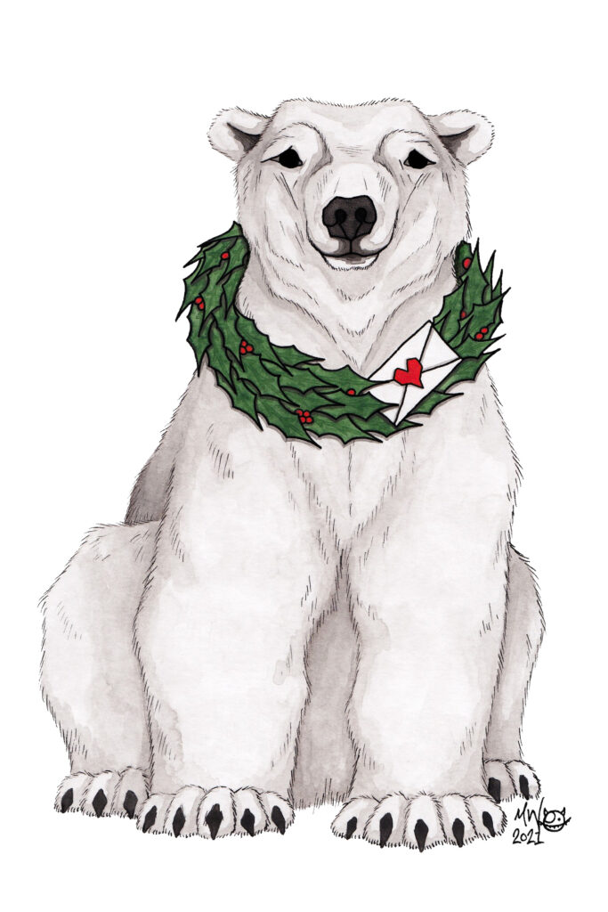 A regal, beautiful polar bear. He has a wreath made of green holly with red berries wrapped around his neck. He looks cuddly but he is not! Inside the wreath is a white envelope with a red heart stamped on the back covering the flap. By comparison to him, it's tiny.
