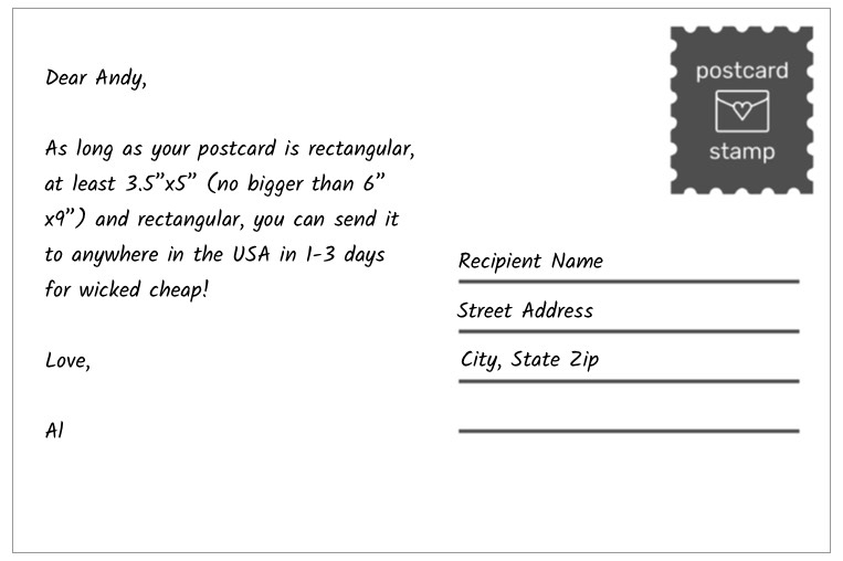 Postcard template showing a message on the left, example recipient name on the right and a "postcard stamp" emblem on the top right. 